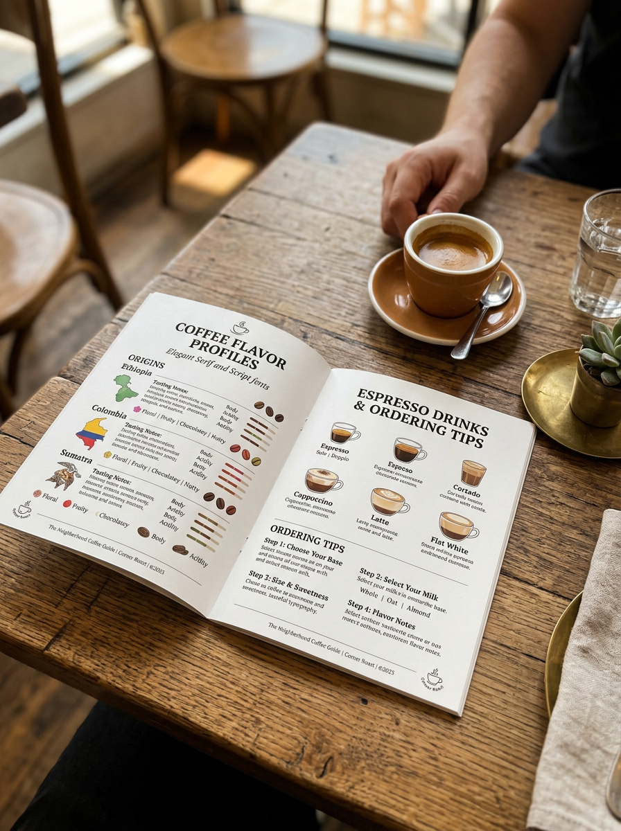 Digital view of The Neighborhood Coffee Guide on tablet and printed layout